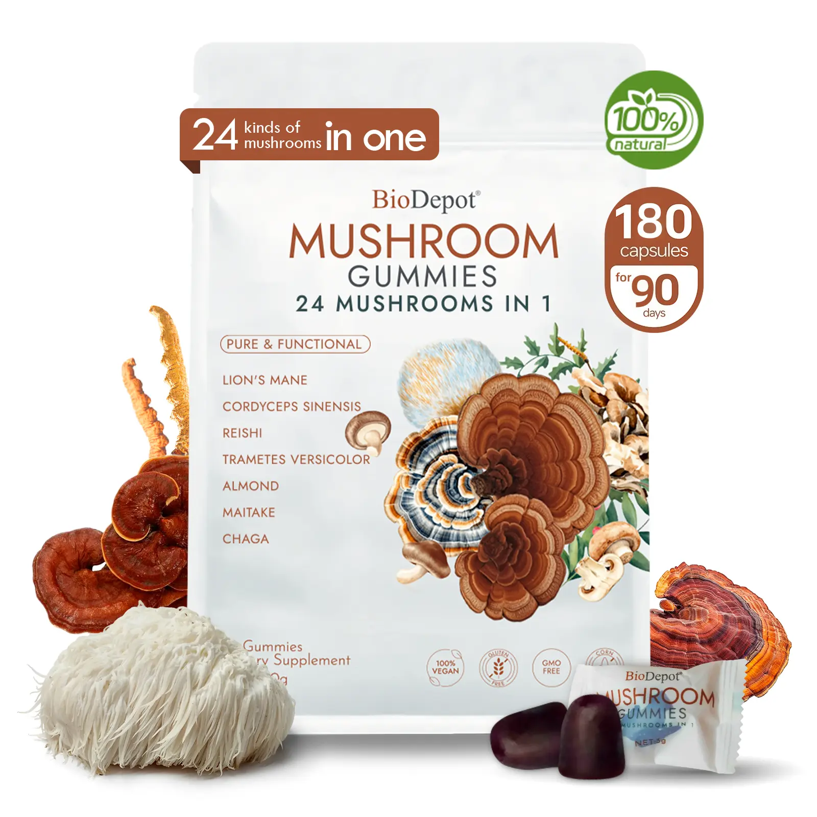 Biodepot Natural Chewable Gluten-Free Mushroom Gummies - Ancient Formula Dietary Supplements with 24 Mushroom Types, Ashwagandha, Ginseng, for Stress Relief, Energy Support, Capsule-Alternative Option, Capsules summerwins