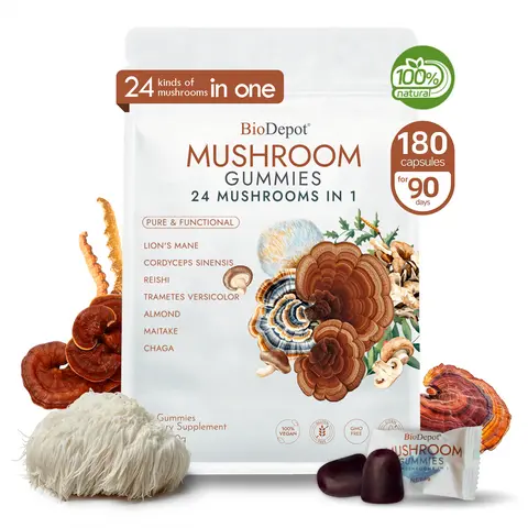 Biodepot Natural Chewable Gluten-Free Mushroom Gummies - Ancient Formula Dietary Supplements with 24 Mushroom Types, Ashwagandha, Ginseng, for Stress Relief, Energy Support, Capsule-Alternative Option, Capsules