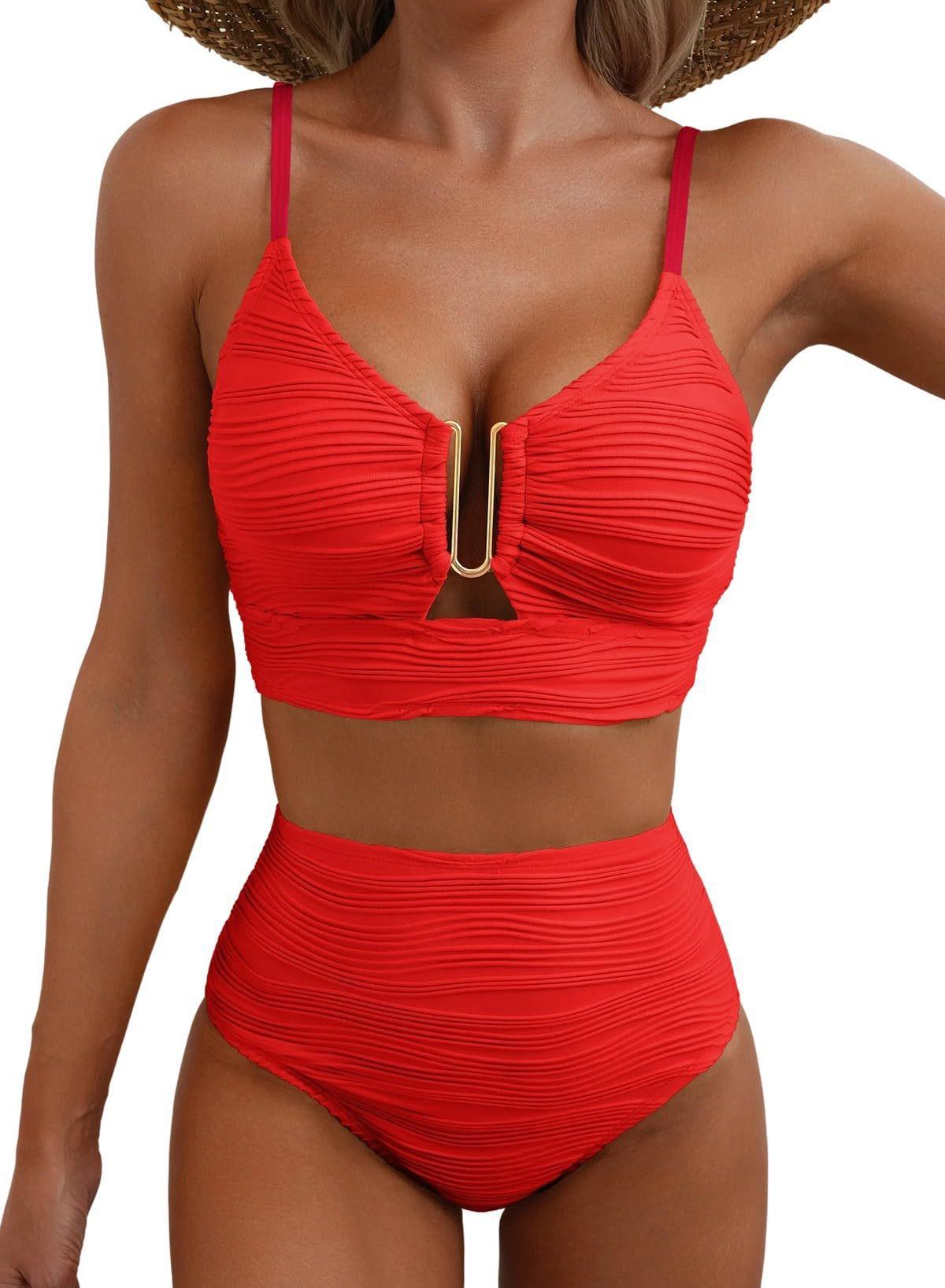 2 Piece Bikini Set U-Wire Cutout Swimsuit High Waisted Textured 2026 Summer Swimming Clothing Beach Water Sports Tummy Control Swimwear