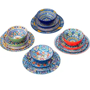 RomatLink Bohemian Bowls & Plates, Colorful Dinnerware Set for Salad, Pasta, 16-Piece/24-Piece