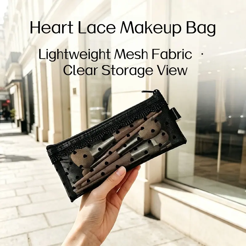 2026 Ins Style Heart Print Lace Mesh Storage Pouch, Lightweight Transparent Zipper Cosmetic Bag for Makeup Brushes Lipstick Lip Gloss, Slim Portable Pen Pouch for Student School Daily Travel Weekend Trip Organizer Gift