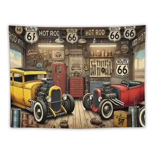 Vintage Hot Rod Garage Tapestries Bring Route 66 Retro Vibes Retro Cars Industrial Aesthetic Home Decor Trend Wall Art