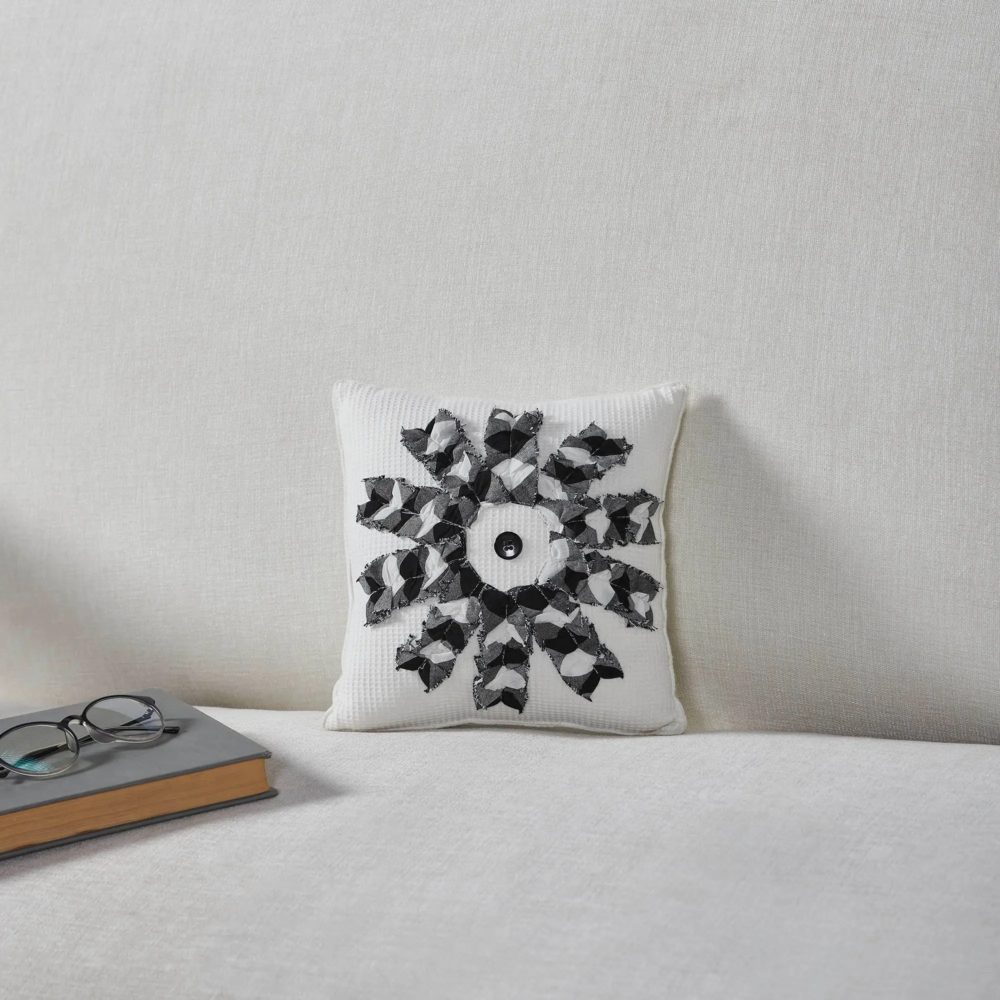 Finders Keepers 9x9 in Square Decorative Pillow - Cotton Shell, Plush Fill, Windmill Blades Motif, Farmhouse-Inspired Design with Country Charm, Rustic Vibe
