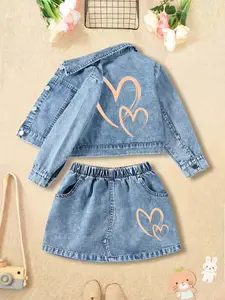 Women's Denim Jacket and Short Skirt Set, Heart Pattern, Casual Spring & Fall, Outdoor Activities, Fitted Style