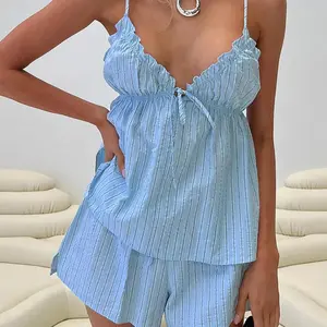Women's 2-Piece Polyester Pajama Set - Pinstripe Lightweight V-Neck Sleeveless Cami Top with Pants, Soft Fabric, Comfortable Fit, Cozy Loungewear