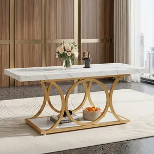 47.24 Inch 2-Tier Faux Marble Coffee Table, Modern Rectangular Table with Gold Geometric Metal Legs, Sturdy MDF Frame with Storage Shelf, Waterproof Scratch-Resistant Home Furniture for Living Room Apartment Studio