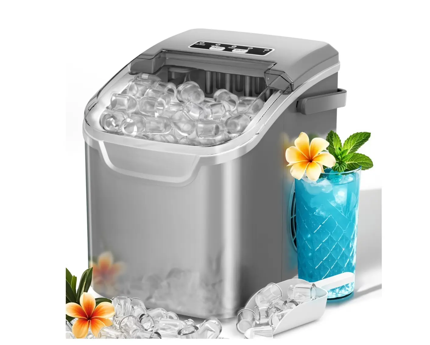 Countertop Ice Maker, 2 Sizes of Bullet Ice, 26Lbs/24H, 8 Ice Cubes in 6 Mins, Portable Ice Machine with Self-Cleaning for Home/Party/Travel/Camping (Grey)