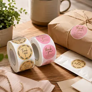 1000 Pcs Thank You Stickersl -Round Seal Labels, Self-Adhesive Gift Wrapping Stickers for Business, Envelopes, Packaging & Party Favors | Kraft Brown & Pink / Floral