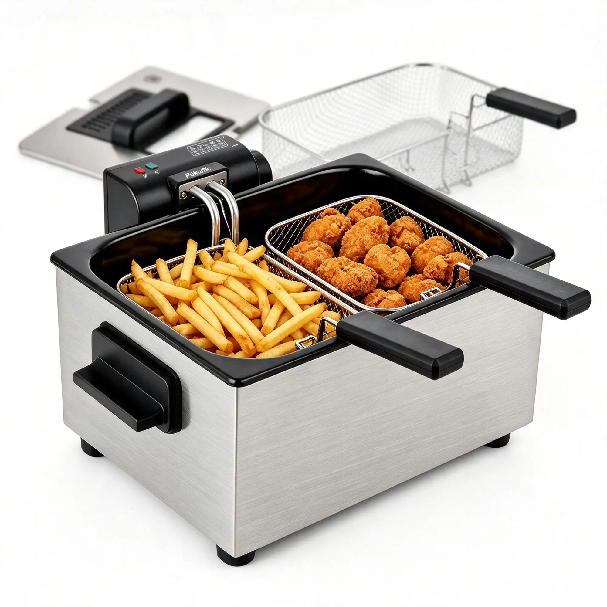 SUSTEAS Chrome Electric Dual Tank Countertop Fryer - 4.8 QT Oil Capacity Kitchen Appliance, 3 Nonstick Baskets, 1800W Immersed Heating Element, Adjustable Temperature (265°F-375°F), Cool Touch Sides, Easy to Clean & Use for Home Cooking, Adjustable Temper
