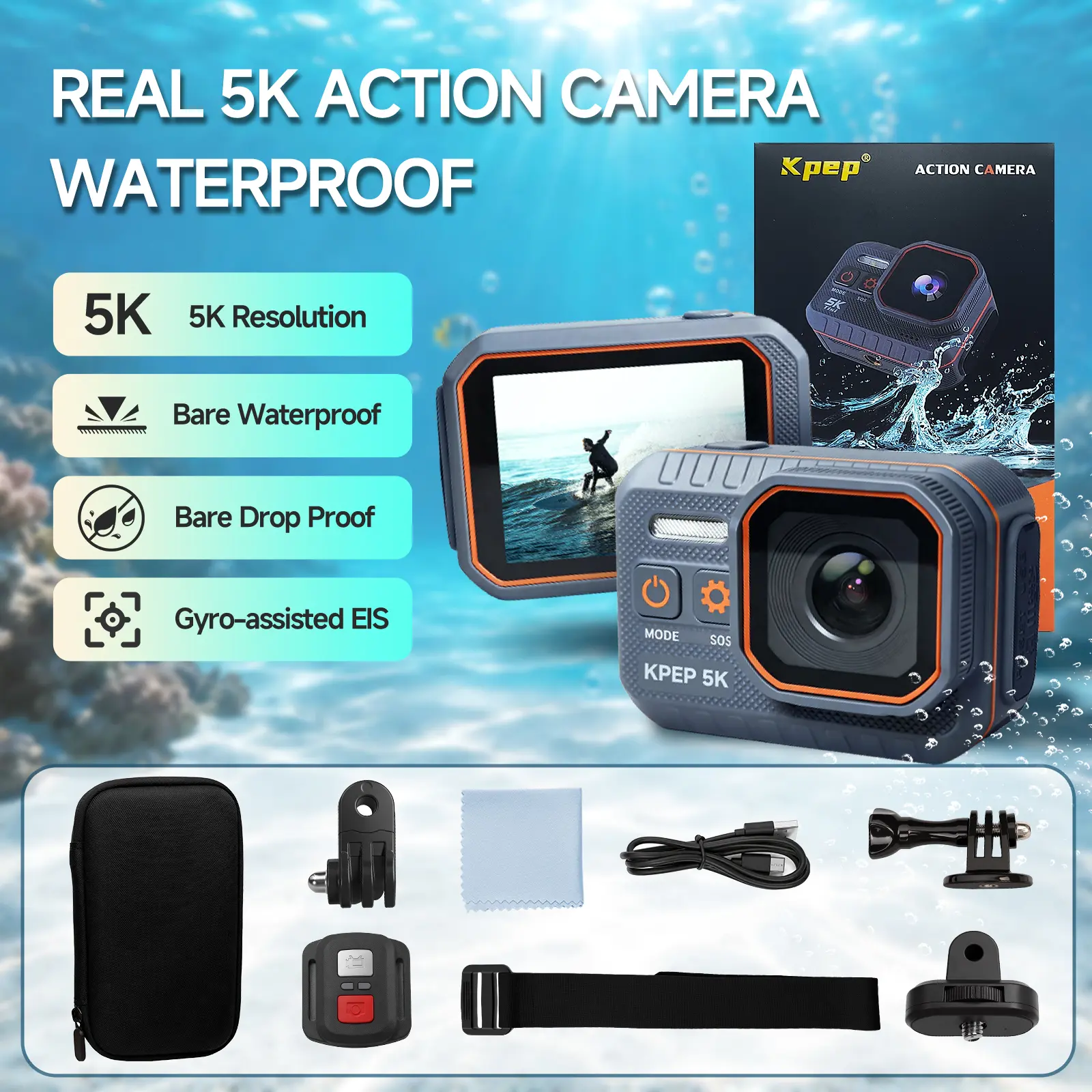 KPEP 5K Action Camera with 1/2.86" Sensor, Cinematic Video, Hyper Stabilization, Drop Proof, 100 Ft Waterproof, Micro SD Memory Card Compatibility, Wireless Remote, Charging Support, Vlogging Camera for Motorcycle Riding, Beach Water Sports