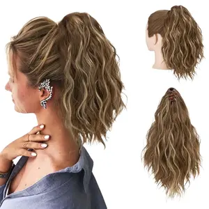 IOVOIMMSL 12" Ponytail Extension Claw Clip Multi Layered Fluffy Thick Wavy Curly Jaw Clip In Fake Pony Tails Soft Synthetic Hairpiece Brunette Ash Blonde