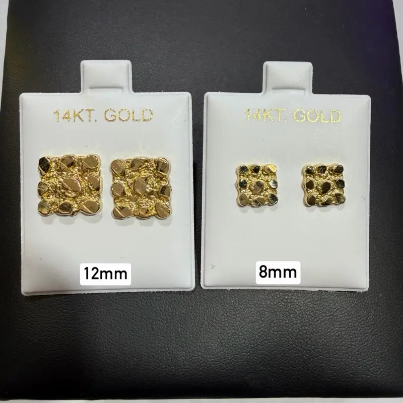 14kt Gold Square Nugget Earrings 12mm & 8mm Sizes Elegant Jewelry