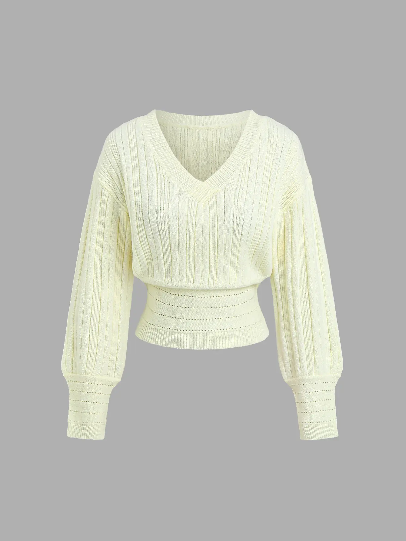 LALUZ Women's Solid Color V-Neck Dropped Shoulder Long Sleeve Cinched Waist Sweater Casual Everyday Wear Cozy Warm Pullover