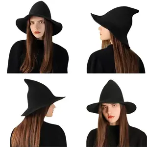 Premium Halloween Witch Hat Adjustable Chin Strap Pointed Top Wide Brim Vintage Style for Wizard Magician Costume Party Cosplay Photo Props Halloween Decor Wool Blend