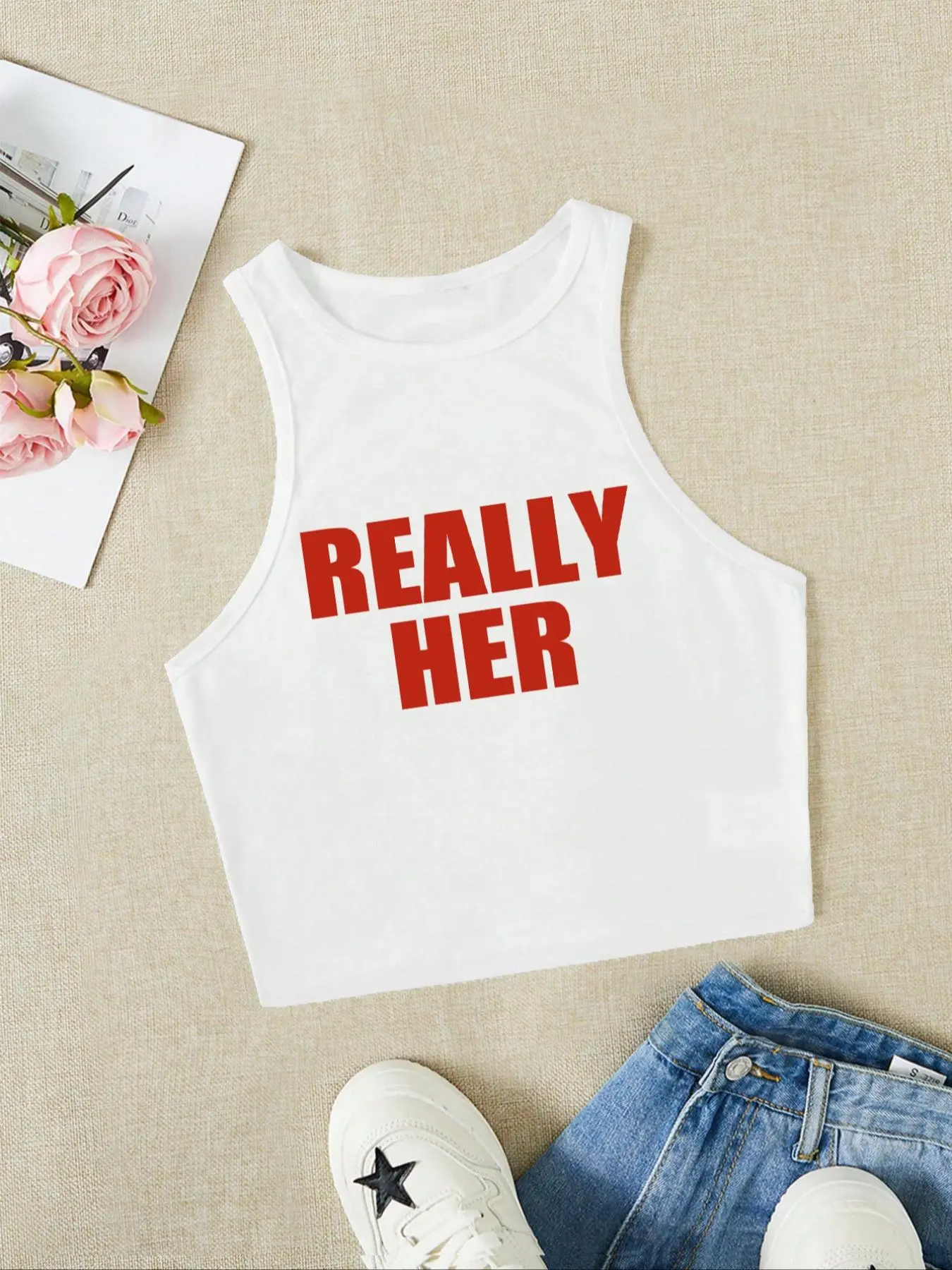 Women's "REALLY HER" Print Round Neck Tank Top, Casual Tank Tops, Womenswear, Casual Sleeveless Top for Summer, Ladies Clothes for Daily Wear, Socks
