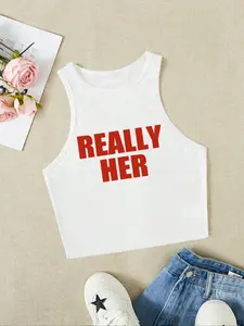 Women's "REALLY HER" Print Round Neck Tank Top, Casual Tank Tops, Womenswear, Casual Sleeveless Top for Summer, Ladies Clothes for Daily Wear, Socks