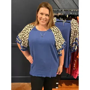 Blue Linen blend bell sleeve top