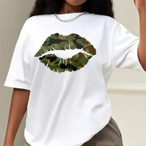 Plus Size Camo - Lip Print T - Shirt for Women Casual Crew Neck, Medium Stretch Suitable for Summer and Outdoor