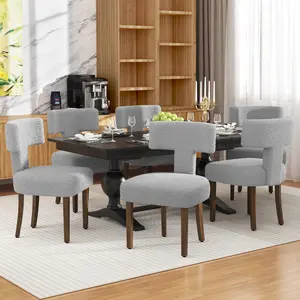 (Set Of 6) Dining Chairs Boucle Fabric Lamb Upholstered Wooden T-Shape Back Armless Accent Chair thick cushion chair set
