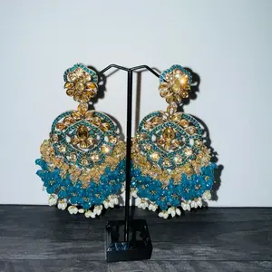 Elegant Blue and Gold Beaded Earrings with Intricate Design and Sparkling Details