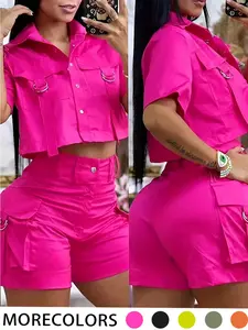 Two-piece Set Women's Solid Button Front Crop Top & Shorts Set, Casual Short Sleeve Collared Top & Shorts for Summer, Ladies Clothes for Daily Wear, Cute Summer Outfit