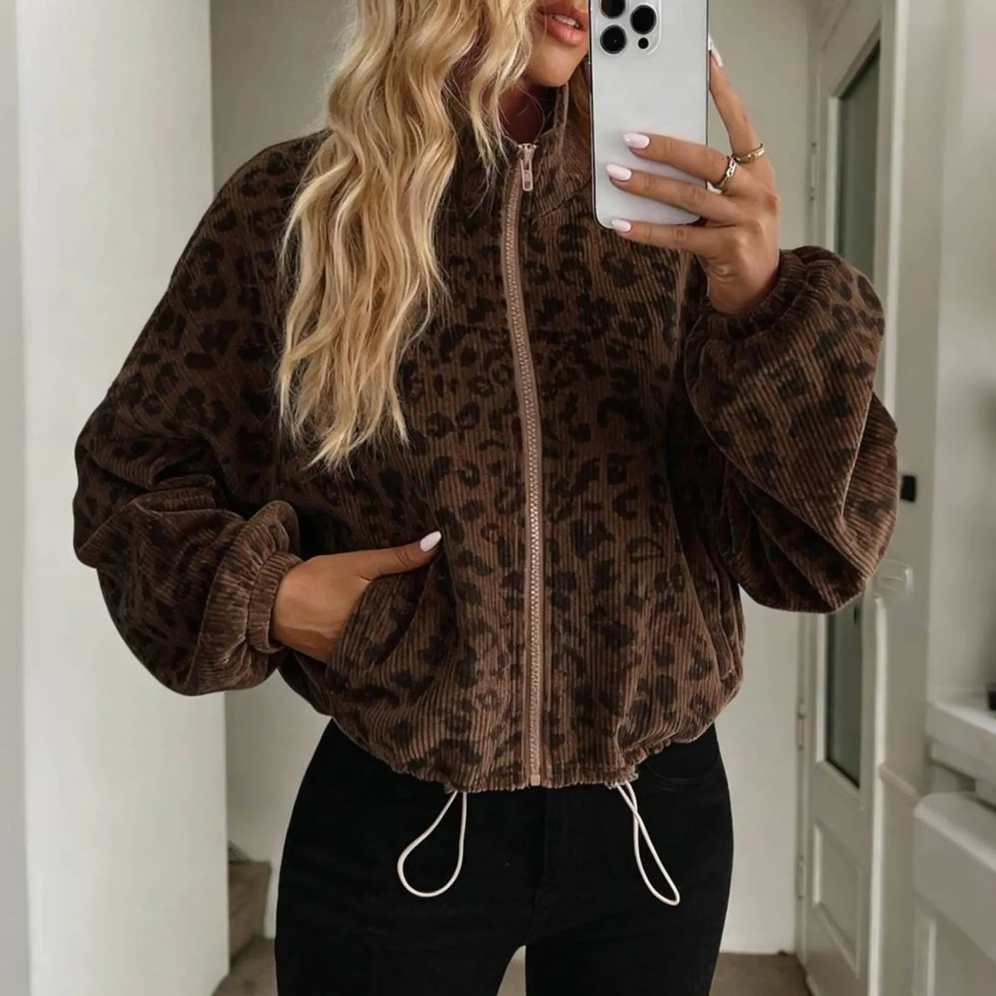 Chicovar Women's Leopard Print Corduroy Jacket, Oversized Cropped Zip Up Jacket with Stand Collar, Drawstring Hem, Puff Sleeve Vintage Sweatshirt for Casual Streetwear, Y2K, School, Fall Winter Outfit