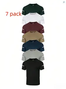 7Pcs Men'S Quick-Dry Sports T-Shirts -Casual Sport Print Reflective Stripe T-Shirts- Breathable, Moisture-Wicking, Round-Neck Short-Sleeve Tops, Featuring High Elasticity for a Cool And Comfortable Fit, Perfect for  Casual Sports And Outdoor Activities