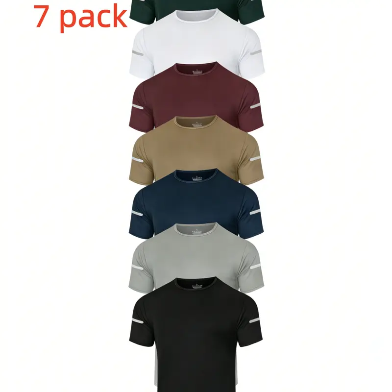7-Pieces Male Wear Quick Dry Activewear Round-Neck Short-Sleeve Tops - Gym Clothes Workout, Breathable, Moisture-Wicking, High-Elasticity, Reflective Stripe Print for Outdoor, Casual Activities