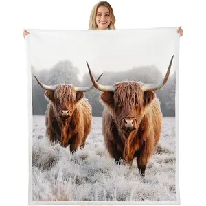 Highland Cow Fleece Blanket Baby Bull Cattle Sherpa Blanket for Kids Men Women Funny Animal Safari Western Cowboy Brown White Fuzzy Plush Throw
