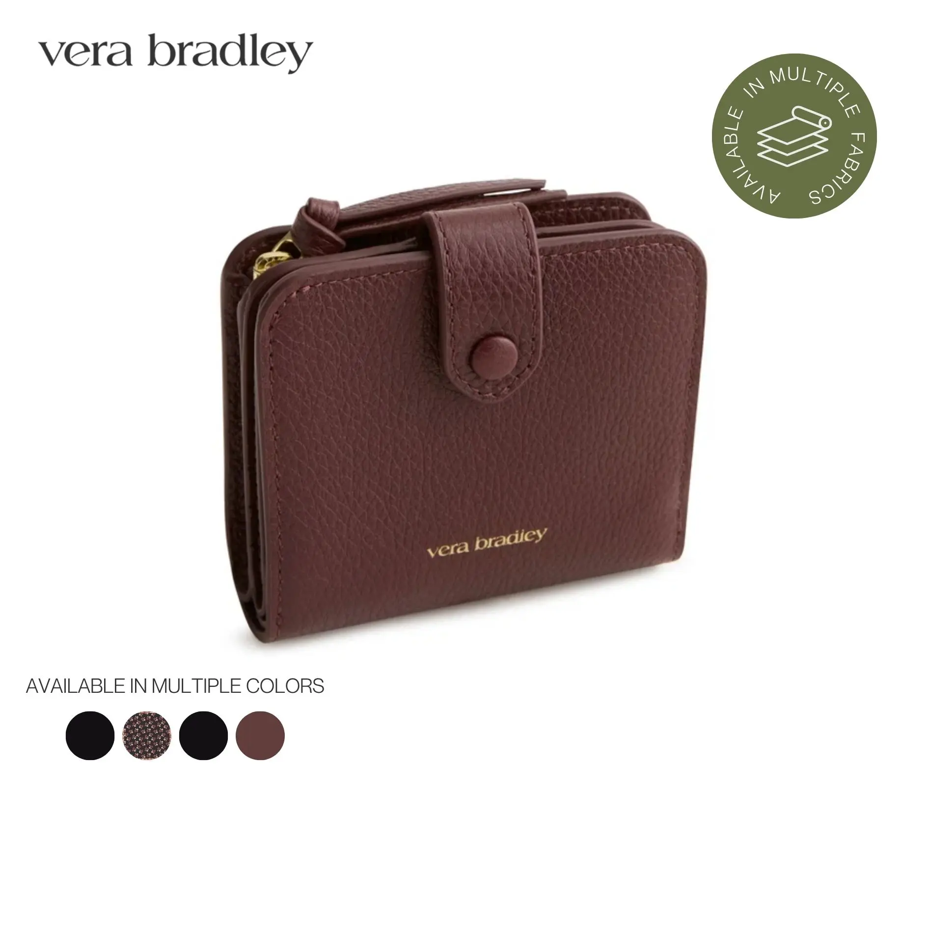 Vera Bradley Small Deluxe Tab Wallet | Compact Leather & Cotton Wallet with Card Slots, ID Window & Snap Closure