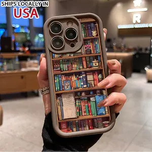 Cartoon Bookshelf Pattern TPU Phone Case for iPhone 16 15 14 Pro Max 13 12 11 XR XS Plus Shockproof Non Slip Military-Grade Protective Silicone Cover