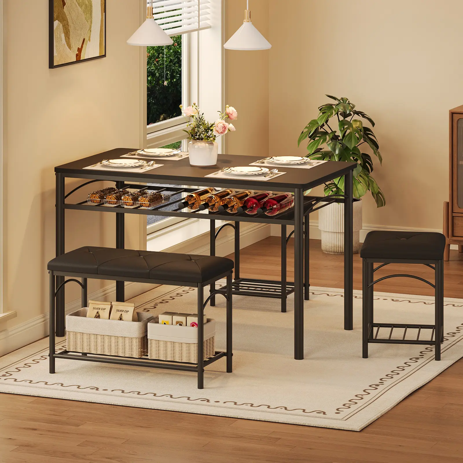 Space-Saving Dining Table Set for 4 – Modern Kitchen Furniture with Upholstered Benches & 2 Stools – Perfect for Small Apartments, Studios, or Breakfast Nooks