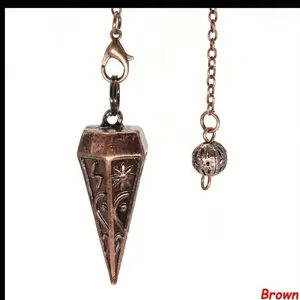 Copper Hexagonal Pendulum with Carved Symbol Patterns Brown Color Chain Included
