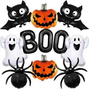 11PCS Halloween Party Balloons Decorations, Cute Ghost Bat Spider Pumpkin Mylar Balloon Halloween Black BOO Foil Balloons for Birthday Shower Trick or Treat Party Decor