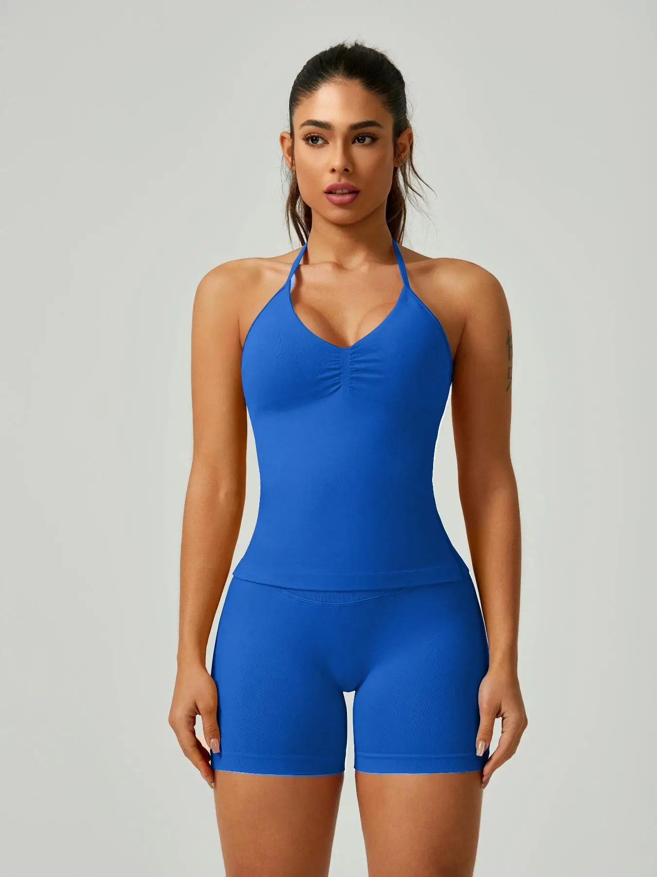 Women's Solid Ruched Design Backless Halter Top & High Waist Shorts Tracksuit Set, Sporty Breathable Comfortable Two-piece Outfits for Yoga Gym Workou