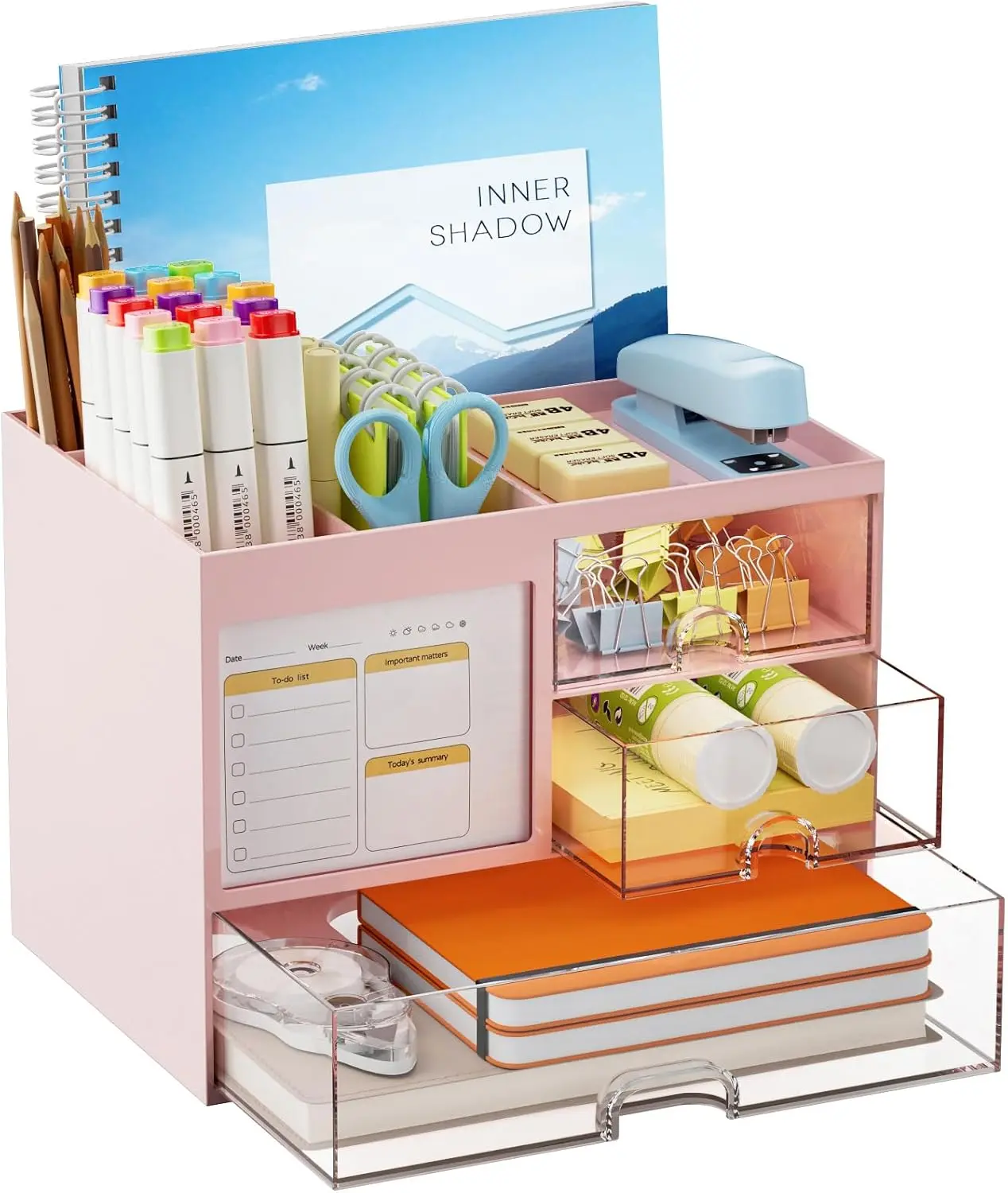 Desk Organizer with 3 Drawer, Multi-Functional Pencil Pen Holder for Desk, Desk Organizers and Accessories with 4 Compartments, Desktop Organizer Storage for Office Home Art Supplies (Pink)