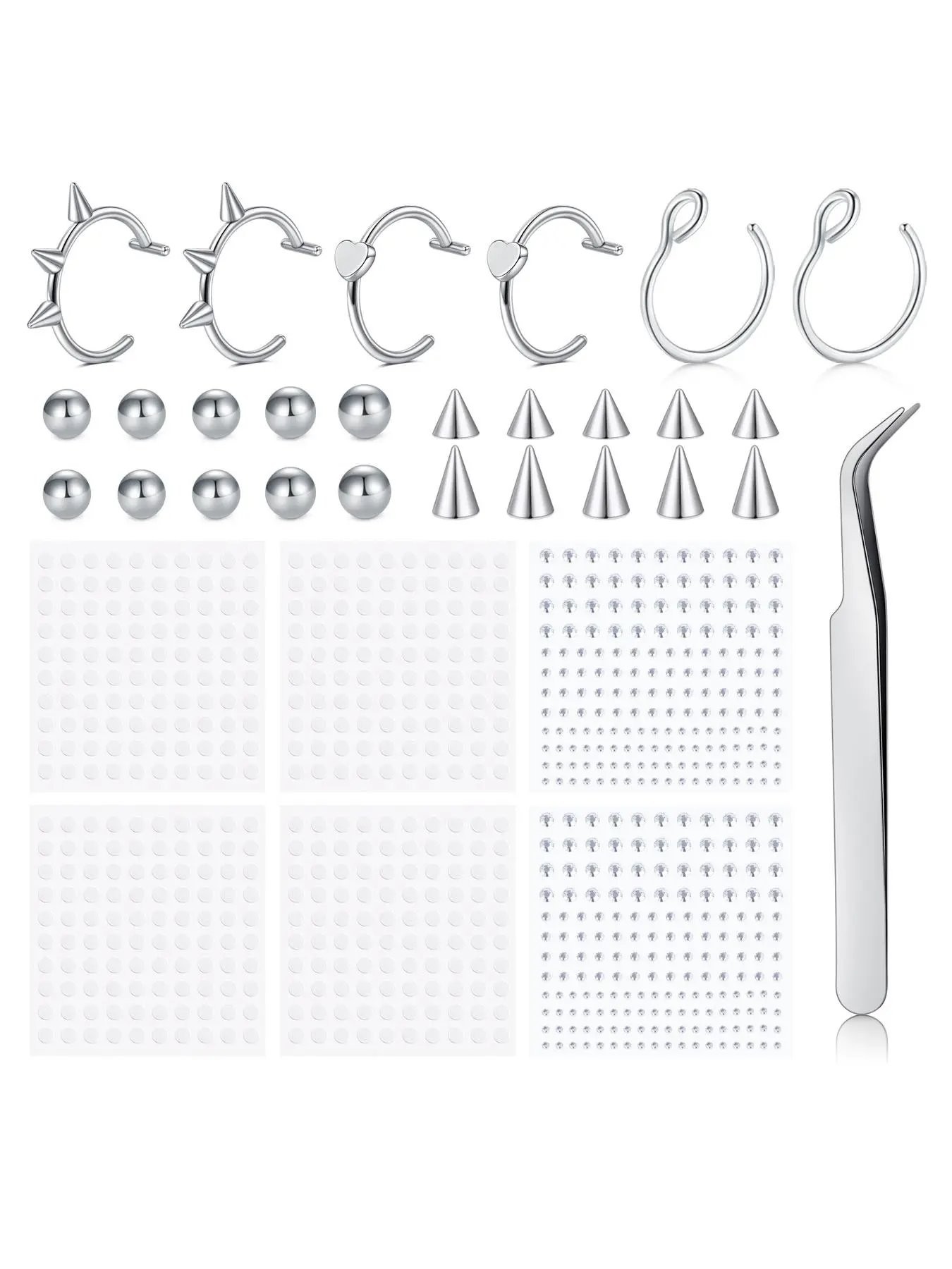 Fake Eyebrow Ring Fake Lip Labret Studs Replacement Balls Spike with 100Pcs Sticker Non-Piercing Nose Rings Hoop Stick on Snake Bites Body Jewelry Skin