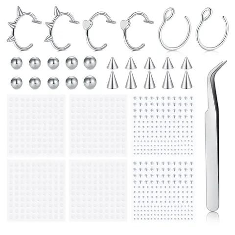 Fake Eyebrow Ring Fake Lip Labret Studs Replacement Balls Spike with 100Pcs Sticker Non-Piercing Nose Rings Hoop Stick on Snake Bites Body Jewelry Skin Body Accessory