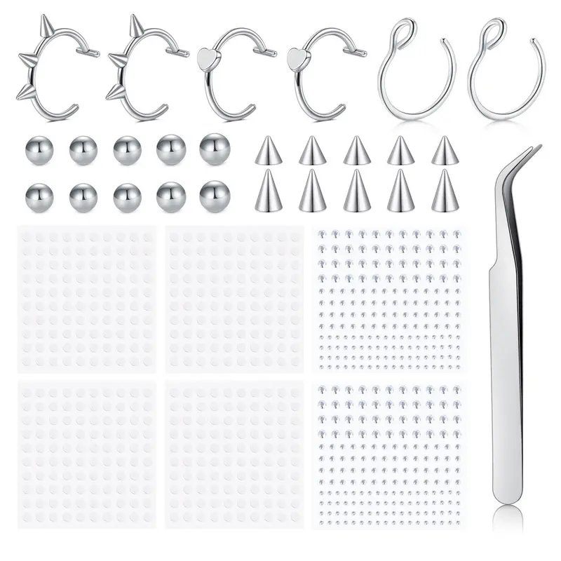 Fake Eyebrow Ring Fake Lip Labret Studs Replacement Balls Spike with 100Pcs Sticker Non-Piercing Nose Rings Hoop Stick on Snake Bites Body Jewelry Skin Body Accessory