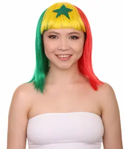 HPO Senegal Flag Bob Wig for Party Wear | Flame-retardant Synthetic Fiber Pride Wig Perfect for Halloween Cosplay and Costume Party