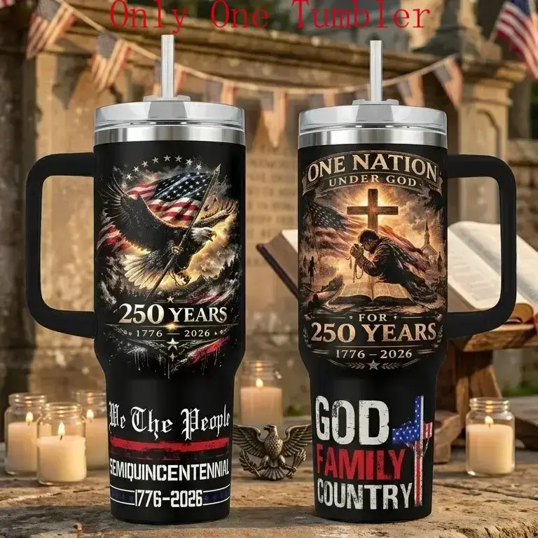 40oz Industrial Insulated Stainless Steel Vacuum Flask Tumbler with Handle - Insulated Water Bottle, USA 250th Anniversary Patriotic Eagle American Flag Travel Mug, Polka Dot Patchwork Valentine's Day Gift for Patriots, God Family Country Themed