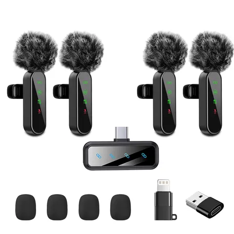 Wireless Lavalier Microphone Lapel Mic for iPhone/Android/Laptop, Upgraded, Rechargeable Wireless Mics, Mini Portable Mic Microphone with Noise Reduction, Ideal for Video Recording, Podcasts, TikTok and Vlogging (4 Mics)