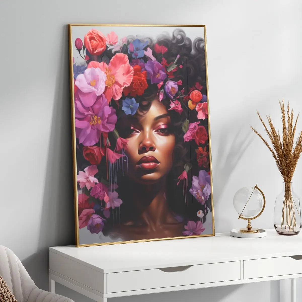 Black Woman Head Flowers Wall Art/girl Flowers Poster/flower Woman Poster/black Art/black Girl Print/flower Woman Printing/head Flower Decor, Room Decor