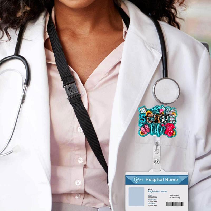 Letter Design Badge Holder without Card Sleeve, 1 Count Scrub Life Retractable Badge Reel with ID Clip, Acrylic Name Badge Holder for Nurse Doctor Student