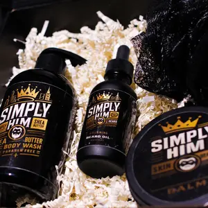 Simply Him Men’s 3-Piece Beard Grooming & Facial Cleansing Set - Beard Oil, Balm, Shea Butter Body Wash (Includes Edible Dietary Supplement) Cleanser Hydrating Moisturizing Daily Cosmetic Gift
