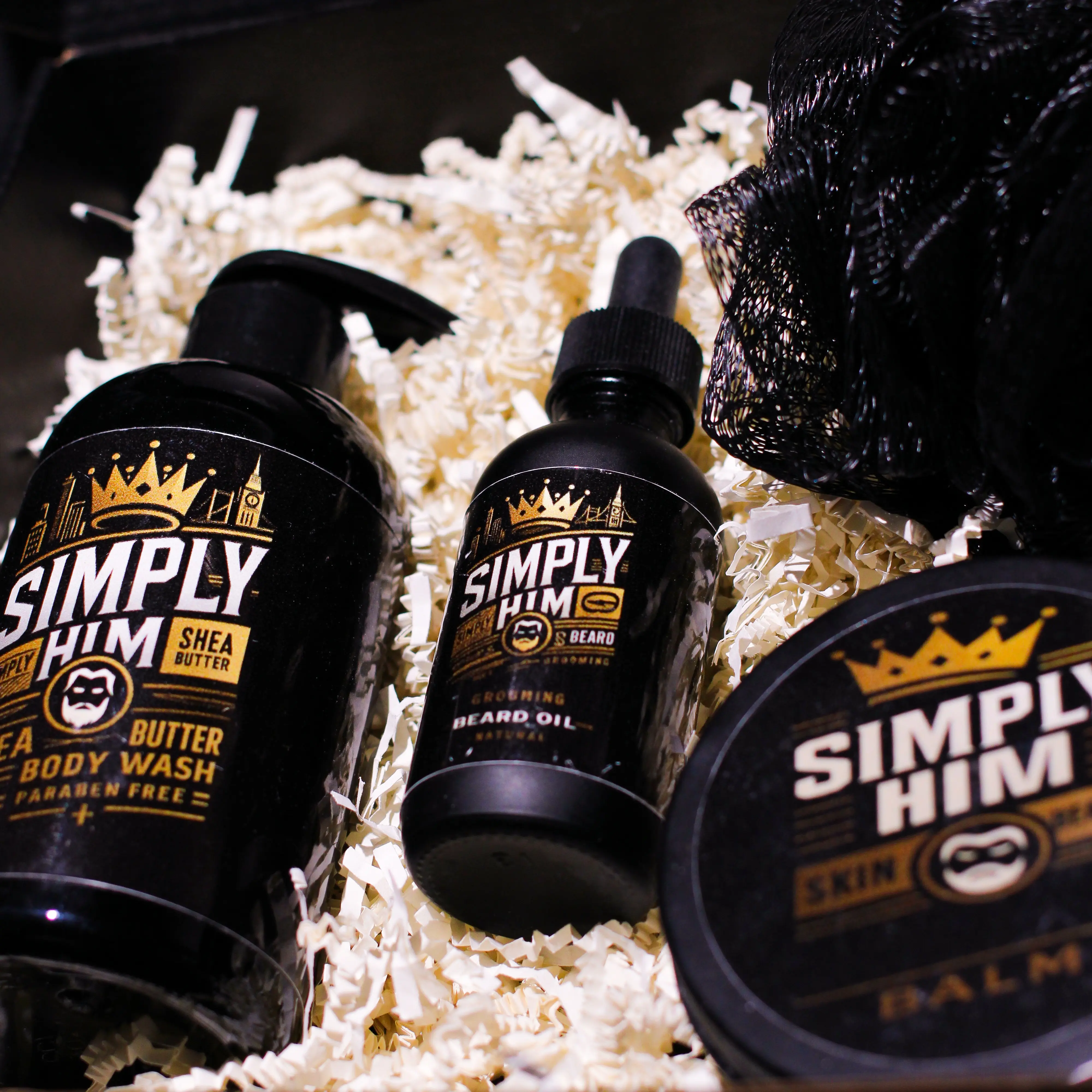 Simply Him Men’s 3-Piece Beard Grooming & Facial Cleansing Set - Beard Oil, Balm, Shea Butter Body Wash (Includes Edible Dietary Supplement) Cleanser Hydrating Moisturizing Daily Cosmetic Gift