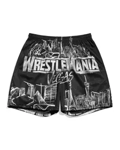 WWE WrestleMania Vegas Mesh Shorts Las Vegas Skyline Cityscape Center Logo Print Unisex Loose Gym Sport Streetwear Casual Breathable Fan