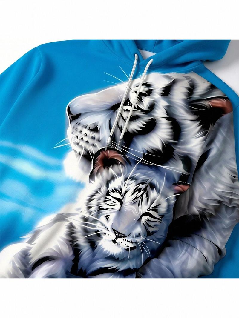 2026 New Men's Fashion White Tiger Print Hoodie and Pants Set, Casual Sports Outfit, Blue Long-Sleeve Pullover, Soft and Comfortable Loungewear, Animal Pattern Streetwear