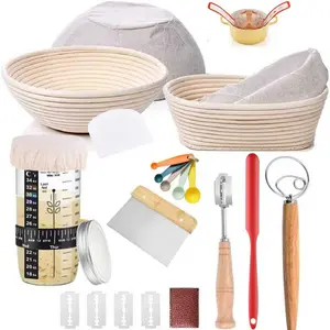 Starter Kit,Proofing Basket of two,9 in Round &10 in Oval Banneton proofing Basket set with Silicone  Sling,  Scrapers, lame, Jar, bread filter  Cover baking supplies Glass Lid Metal Rattan Spatula Whisk