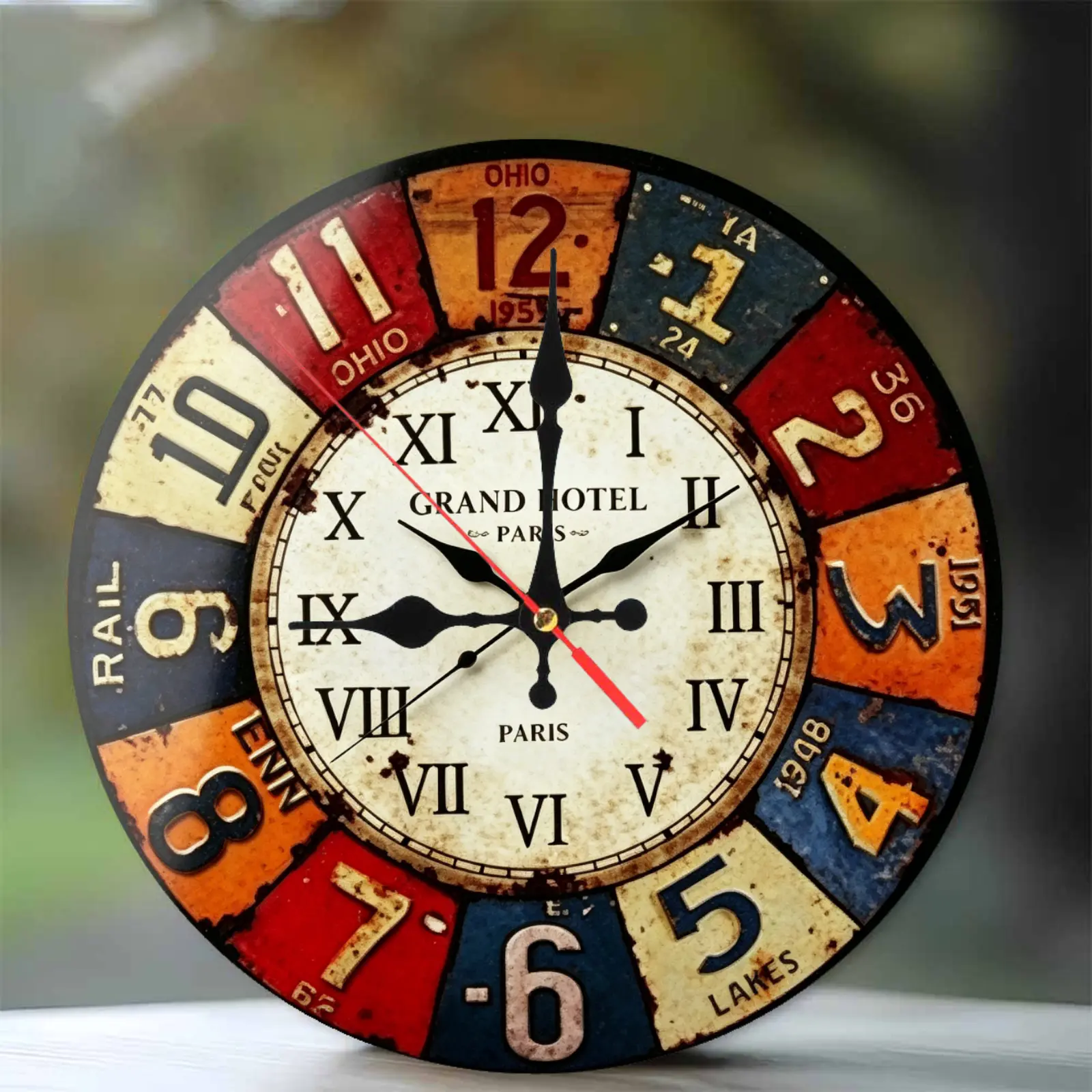 Vintage Round Paris Grand Hotel Wooden Analog Decorative Wall Clock - Roman Numerals, License Plate Shaped, 9.84x9.84in, Retro-Inspired Wall-Mounted, Rustic Home Decor Gift, US Local Shipping, Home Supplies, Clock Wall Clocks